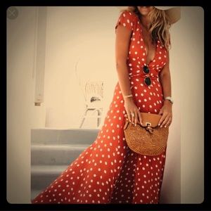 Red polka dot faux wrap maxi dress